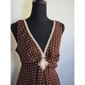Jonathan Martin Women's Maxi Dress Size 14 Brown Polka Dot Crochet Trim Boho Y2K